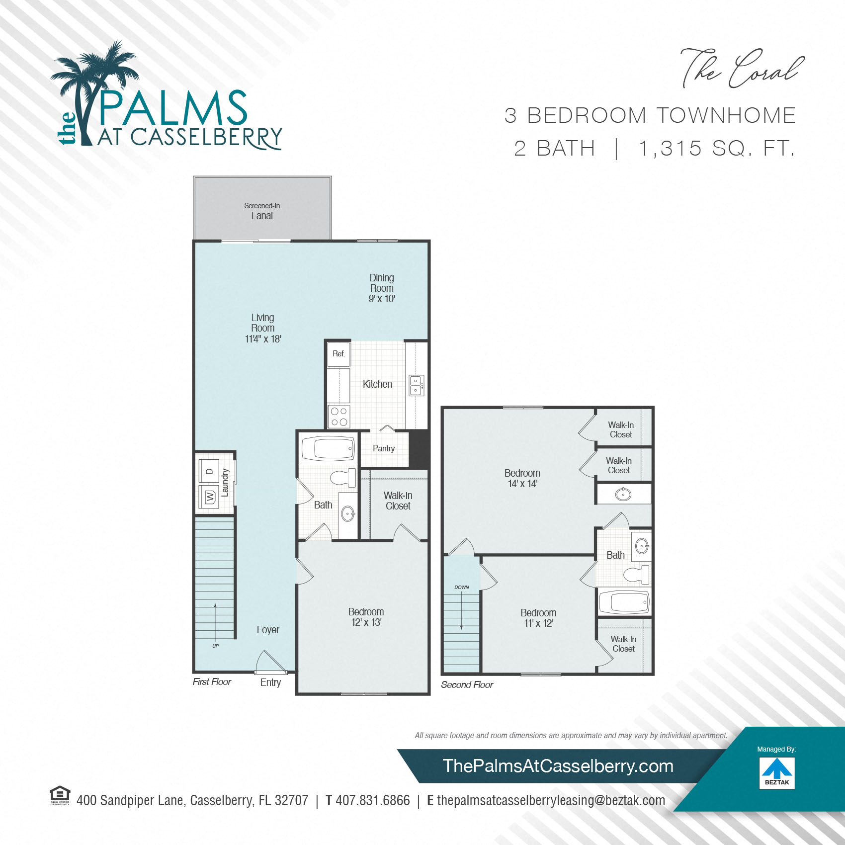 Floor plan for 3 beds, 2 baths, 1315 sqft